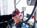 Technician checking water system nodes.Modern Industrial background