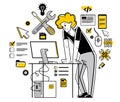 Technician computer engineer repairing pc vector outline illustration, fixing system work with software and hardware, system