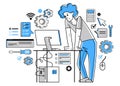 Technician computer engineer repairing pc vector outline illustration, fixing system work with software and hardware, system