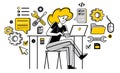 Technician computer engineer woman repairing pc vector outline illustration, fixing system work with software and hardware, system