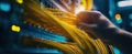 The technician connects yellow cables in a high-tech server room. AI generated image Royalty Free Stock Photo