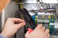 Technician cutting cable with fusebox in background Royalty Free Stock Photo