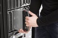 IT Engineer installs Blade Server in Data Center Royalty Free Stock Photo