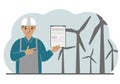 Technician engineer man, energy wind farm. The concept of clean alternative energy. Environmental protection, ecology Royalty Free Stock Photo