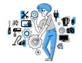 Technician engineer repairing household appliances, repairman service vector outline illustration, engineer fixing and upgrading