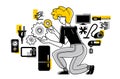 Technician engineer repairing household appliances, woman repairer service vector outline illustration, engineer fixing and