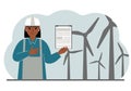 Technician engineer woman, energy wind farm. The concept of clean alternative energy. Environmental protection, ecology