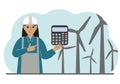 Technician engineer woman, energy wind farm. The concept of clean alternative energy. Environmental protection, ecology