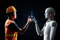 Technician or engineer work with robot in factory Royalty Free Stock Photo