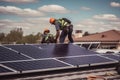 Technician engineer workers installing solar panels on the house roof. AI generative Royalty Free Stock Photo