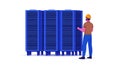 Technician Examining Blue Server Racks in Data Center