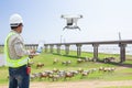 Technician farmer use computer control drone tracking the cow Royalty Free Stock Photo