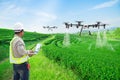 Technician farmer use wifi computer control agriculture drone fly to sprayed fertilizer on the green tea fields, Smart farm 4.0 Royalty Free Stock Photo