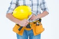 Technician holding hammer and hard hat Royalty Free Stock Photo