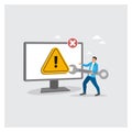 Technician holding large wrench fix system problem message on computer Royalty Free Stock Photo
