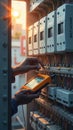Technician Inspecting Electrical Panel with Multimeter Device in Bright Light Royalty Free Stock Photo