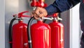 Technician Inspecting Fire Extinguisher for Safety Royalty Free Stock Photo