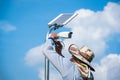 Technician installed CCTV with solar cells panel is use solar energy with CCTV infrared
