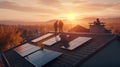 Technician installing solar panels on the roof. Generative Ai