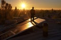 Technician installing solar panels on a rooftop under a bright blue sk