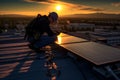 Technician installing solar panels on a rooftop under a bright blue sk