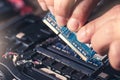 The technician is laying a RAM on the socket of the computer motherboard. Royalty Free Stock Photo