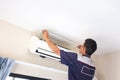 Technician man service for cleaning air conditioner, Repairman washing dirty compartments air conditioning, Maintenance and