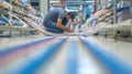 Technician managing network cables routed through floor raceways with background blurred to emphasize clean safe wiring Royalty Free Stock Photo