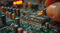 Technician performing a macro test on a circuit board with precision tools in a workshop Royalty Free Stock Photo