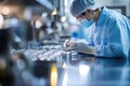 A technician in protective gear works on precision instruments in a laboratory setting Royalty Free Stock Photo