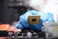 Technician puts processor on computer motherboard socket Royalty Free Stock Photo