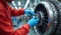 Technician in red uniform, blue gloves performs precision engineering work on aircraft engine in factory. Focus on detailed Royalty Free Stock Photo