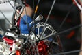 Technician Repair Speed Bike at Workshop Close-up Royalty Free Stock Photo