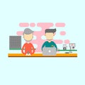 Two men working in the office as computer technician. flat design vector.computer design Royalty Free Stock Photo
