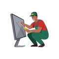 Technician repairing desktop computer screen with screwdriver in green uniform vector illustration Royalty Free Stock Photo