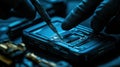technician\'s hand using a precision screwdriver to adjust the internal components of a smartphone generativeAi Royalty Free Stock Photo
