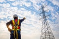 A technician stands pointing at a high-voltage pylon wearing fall arrest equipment for operators with hooks for safety harnesses.