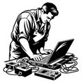 Technician Troubleshooting Electronic Devices with Laptop Diagnostic Equipment Royalty Free Stock Photo