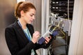 Technician using digital cable analyzer Royalty Free Stock Photo