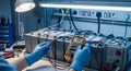 technician using a multimeter to test battery voltage in a well lit laboratory or workshop environment, showcasing precision and t Royalty Free Stock Photo