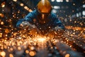 Technician using a Steel cutting machine in factory