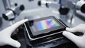 Technician wearing white gloves holds square silicon wafer with colorful light diffraction in high tech cleanroom Royalty Free Stock Photo
