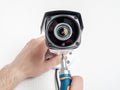 Technician worker installing video CCTV camera Royalty Free Stock Photo