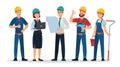 Technician workers and engineers team. Technicians people group, engineering worker and construction cartoon vector illustration Royalty Free Stock Photo