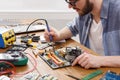 Technician Works on Computer Motherboard With Tools and Equipment at a Workbench Royalty Free Stock Photo