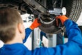 Technician with a wrench repair car suspension