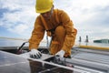 Technician Young Wearing Safety Protective Clothing while Installing Equipment and Wiring Connect in System of Photovoltaic