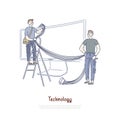 Technicians connecting wires and cables, smart TV technology, Internet television, widescreen monitor banner