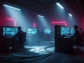 Cyberpunk Control Room with Technicians Working at Computer Stations data center cybersecurity Royalty Free Stock Photo