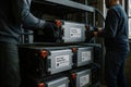 Technicians handle reused battery modules marked with "Second Life Battery Passport", emphasizing safe integration and Royalty Free Stock Photo